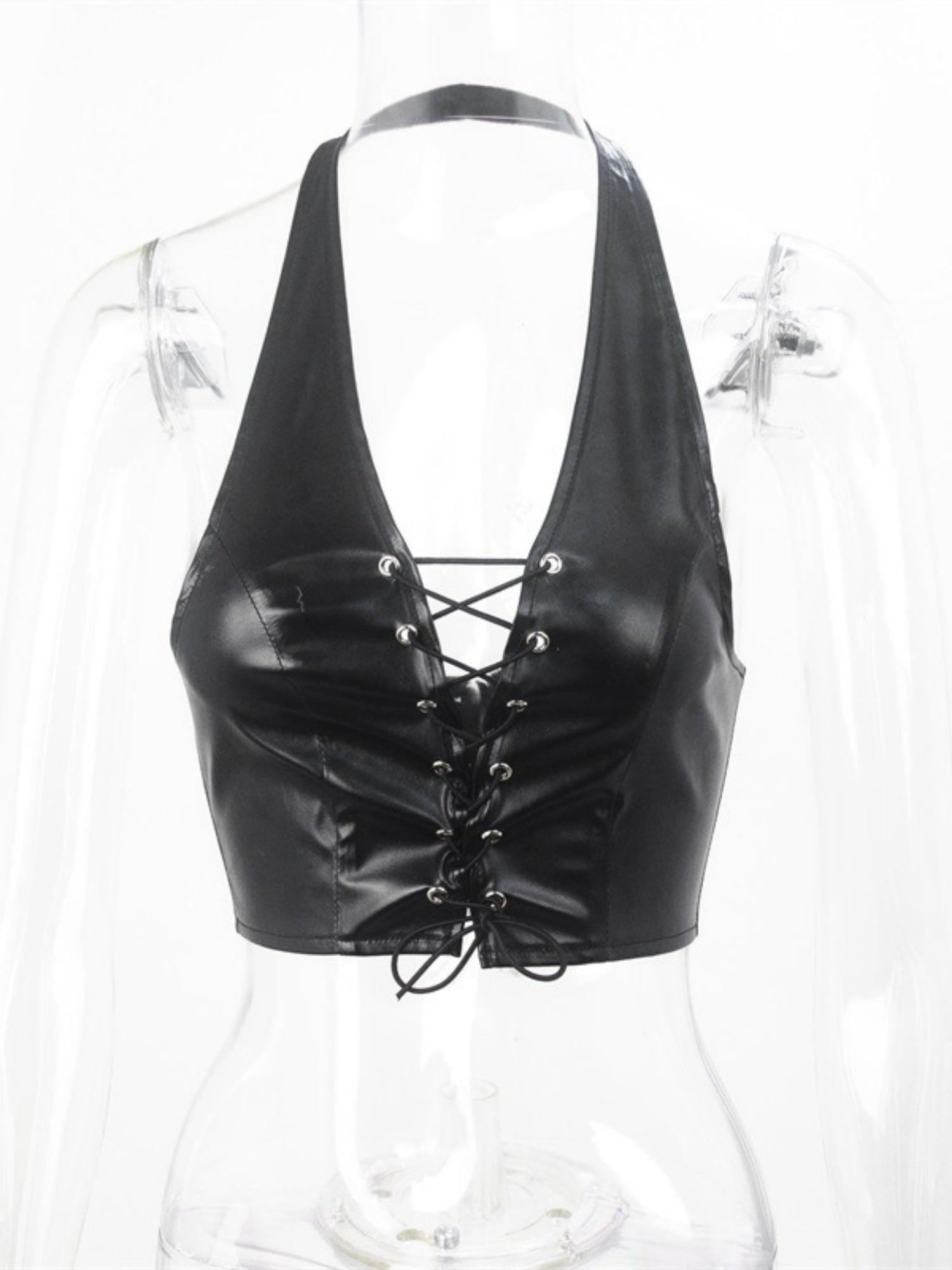 PU Leather Straps Halter Neck And Backless Tank Tops