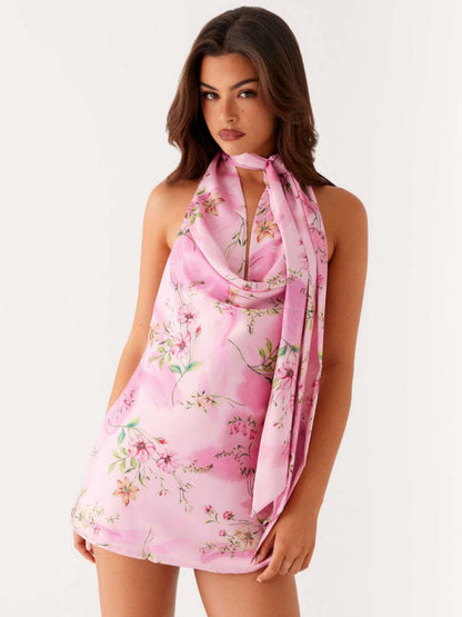 Floral Print Halter Neck And Backless Mini&Short Dresses