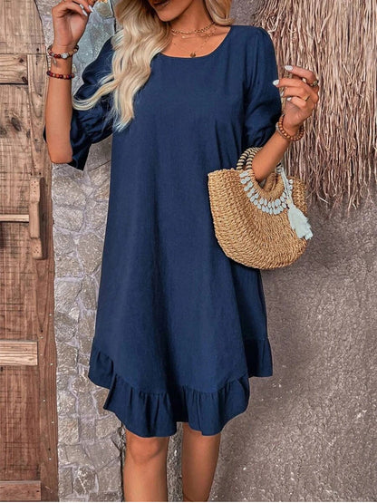 Crew Neck Puff Sleeve Ruffle Cuff Flounce Hem Shift Mini Dress