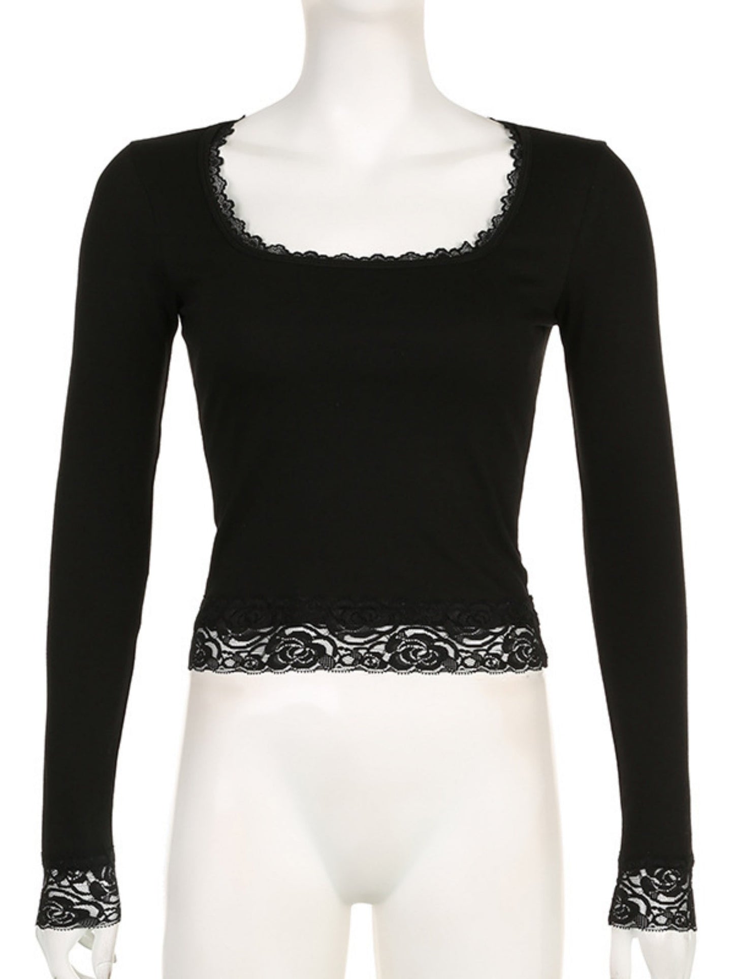 Lace Trim U-neck Long Sleeve Slimming Crop Top
