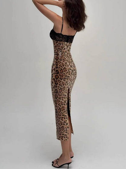 Leopard Print Sequins Lace Patchwork Slim Fit Spaghetti Strap Maxi Dresses