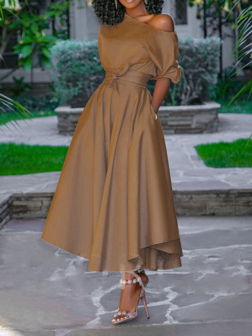 One-shoulder Tie-waist Midi Dress
