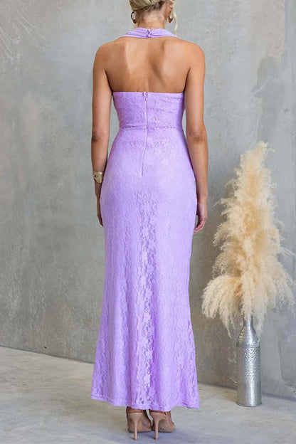 Square Neck Sleeveless Ruched Knot Lace Maxi Dress