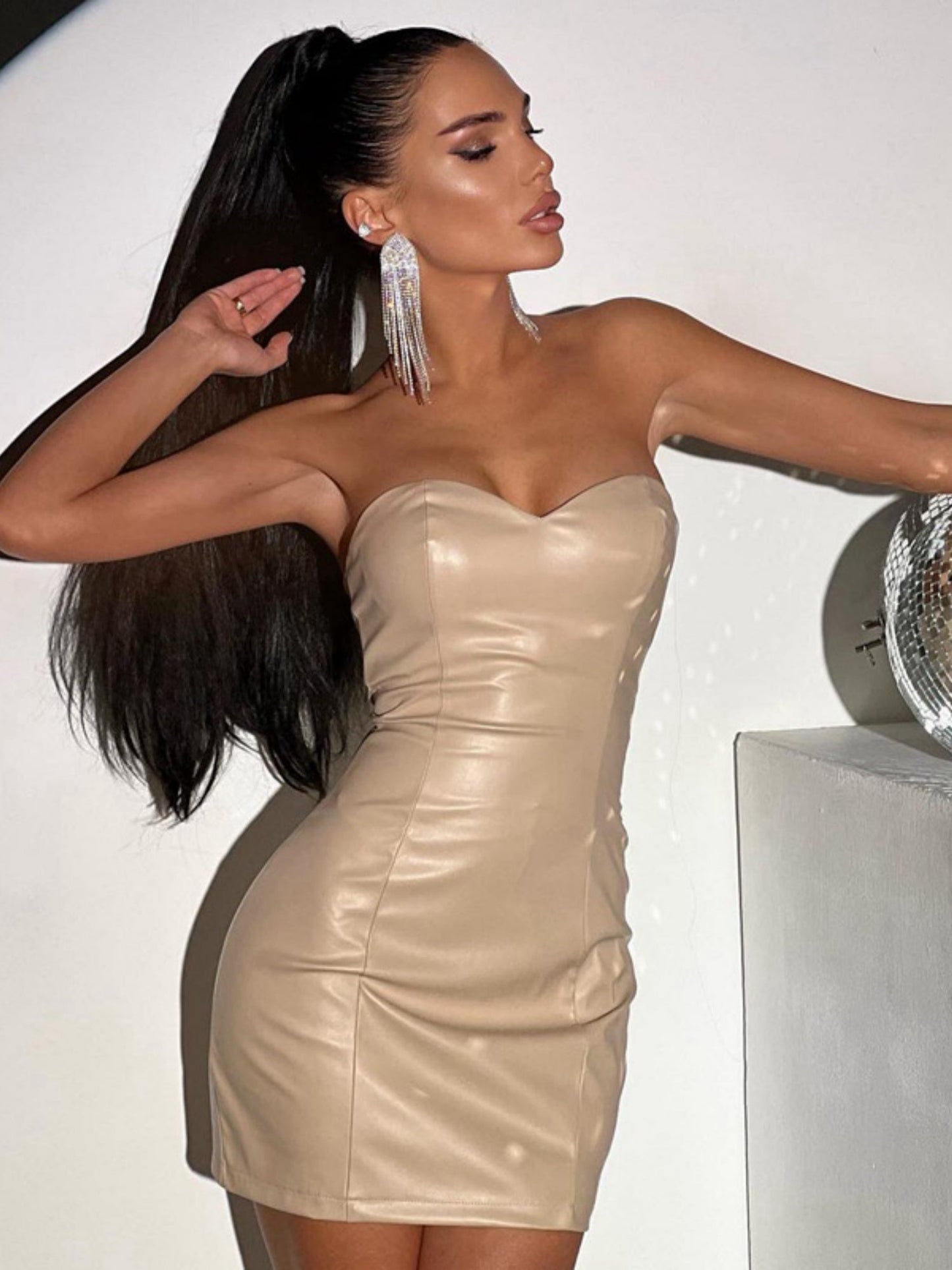PU Leather Pleated Strapless Bodycon Mini&Short Dresses