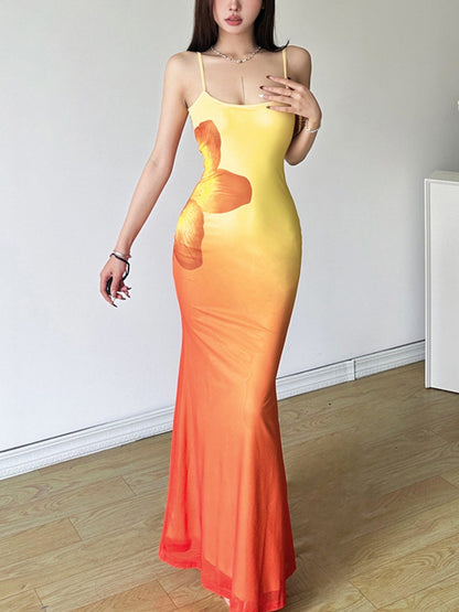 Floral Print Gradient Colors Fishtail And Hip Maxi Dresses