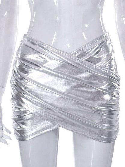 PVC Glossy Patent Leather Cross Pleats Sexy Short Skirt