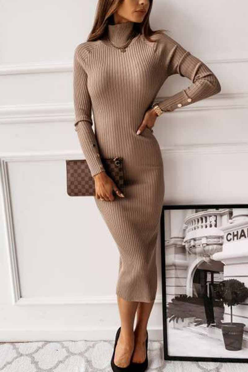 Rib Knit Turtleneck Button Cuff Long Sleeve Side Slit Bodycon Midi Dress