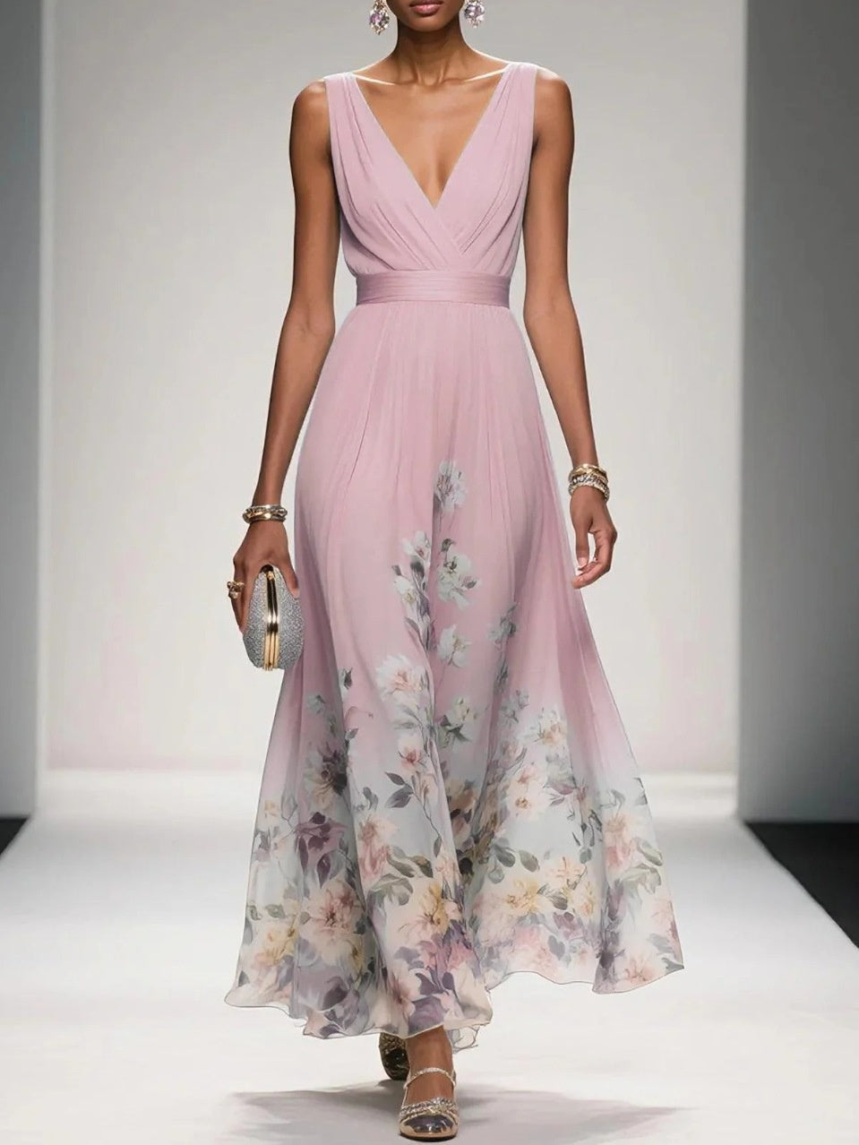 V-neck Sleeveless Floral Print Long Dress
