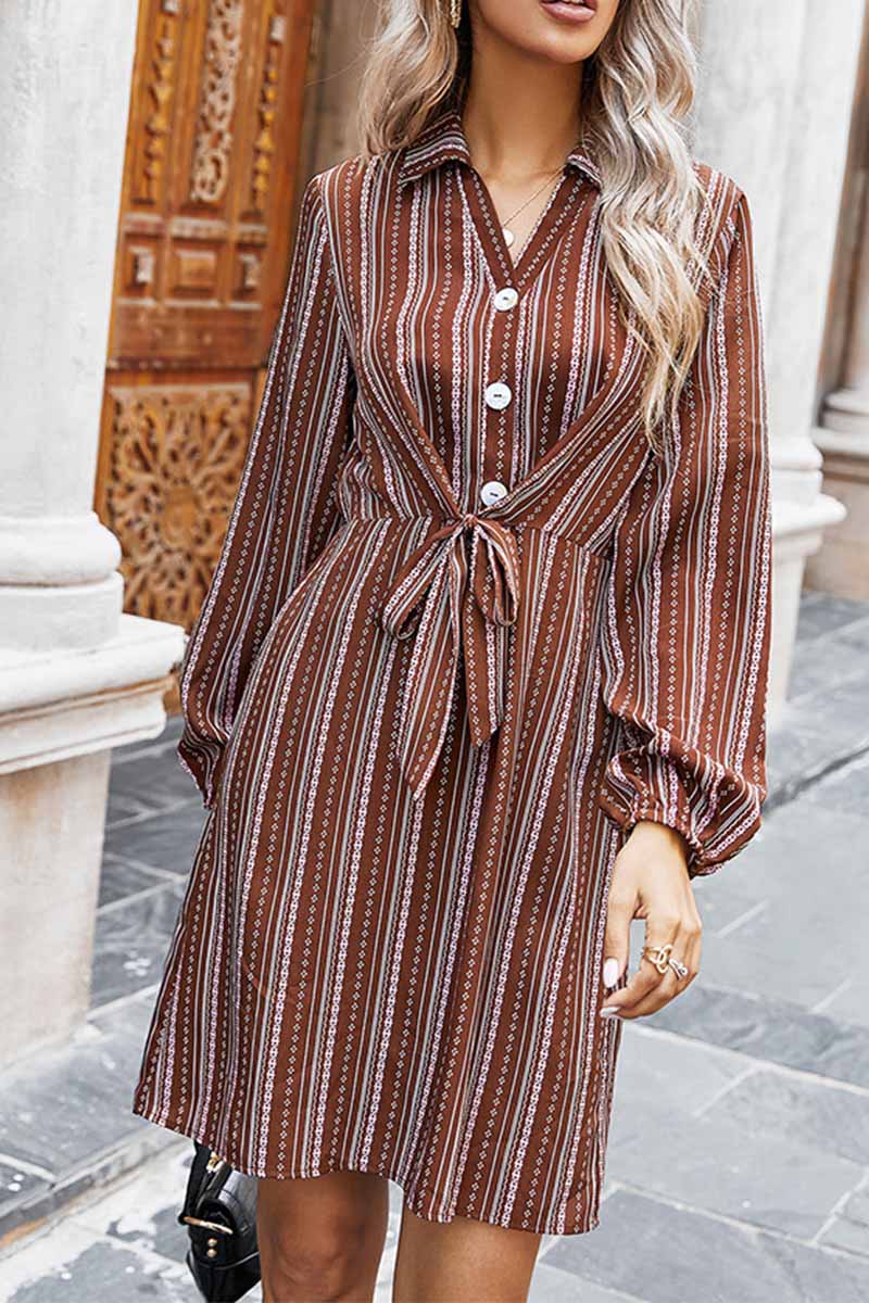 Geometric Stripe Collared Button-Front Tie-Waist Long Sleeve Shirt Mini Dress