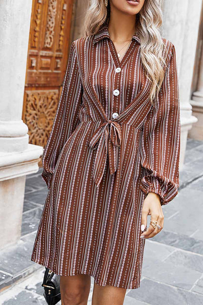 Geometric Stripe Collared Button-Front Tie-Waist Long Sleeve Shirt Mini Dress