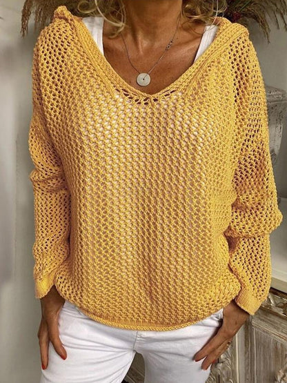 Knitted Outer Layer Sun Protection Knitted Hooded See-through Top