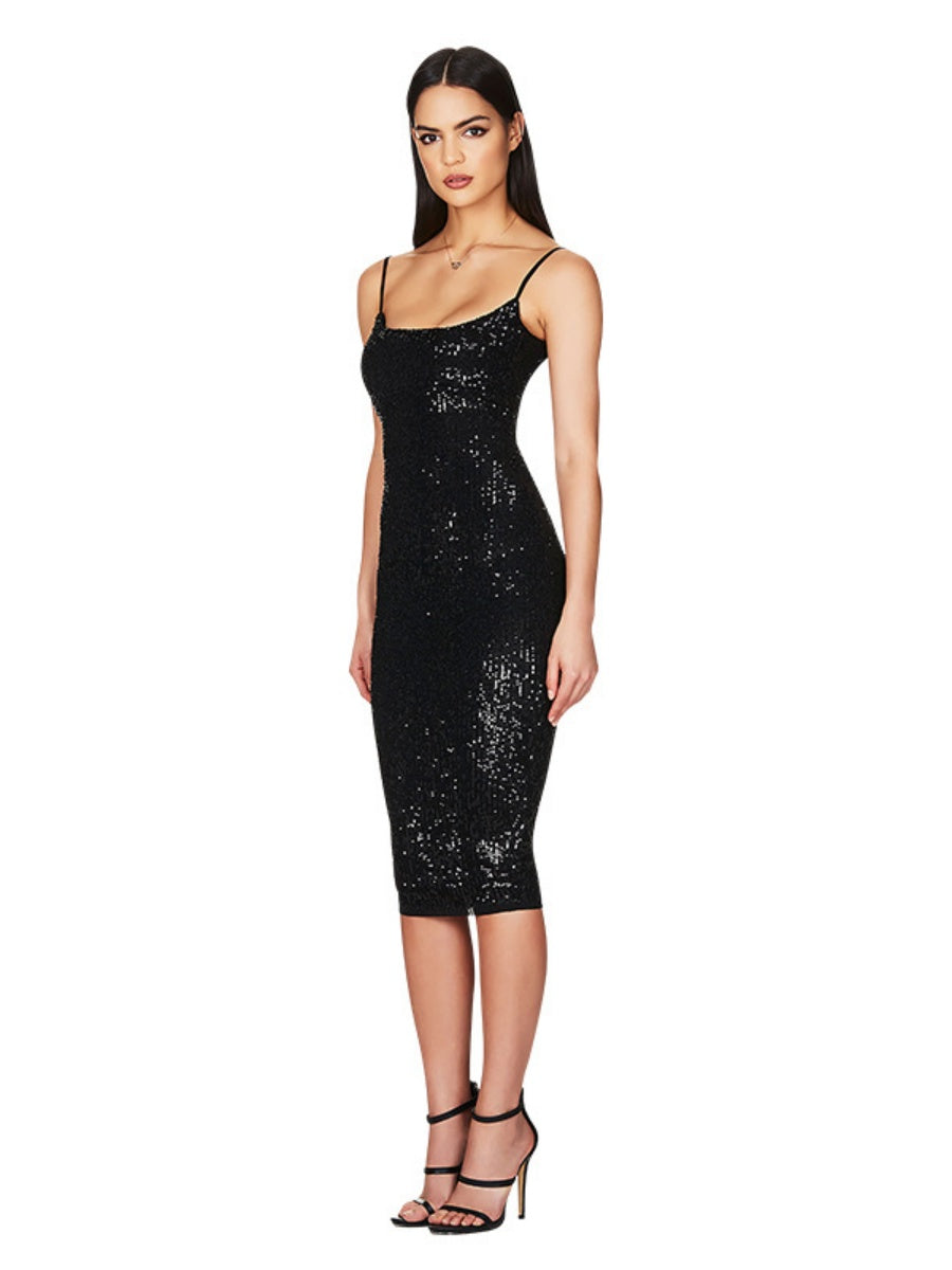 Sequined Backless Halter Dress