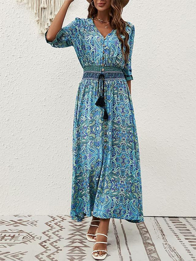 V Neck Button Front Smocked Waist Paisley Print High Slit Maxi Dress