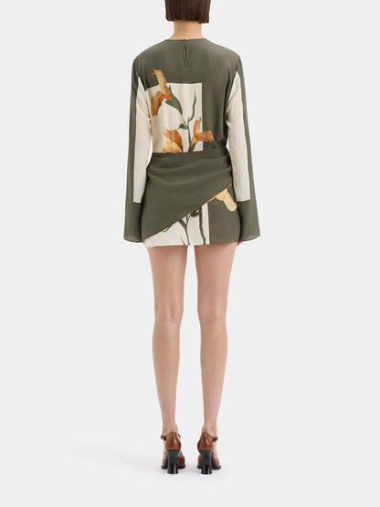 Crew Neck Long Sleeve Twist Front Lily Print Panel Mini Dress