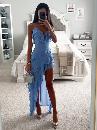 Multi-layer Ruffles Irregular Slit V-neck Vacation Maxi Dresses