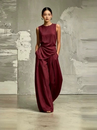 Casual Solid Color Round Neck Loose Sleeveless Top And High-waisted Trousers Two-piece Set
