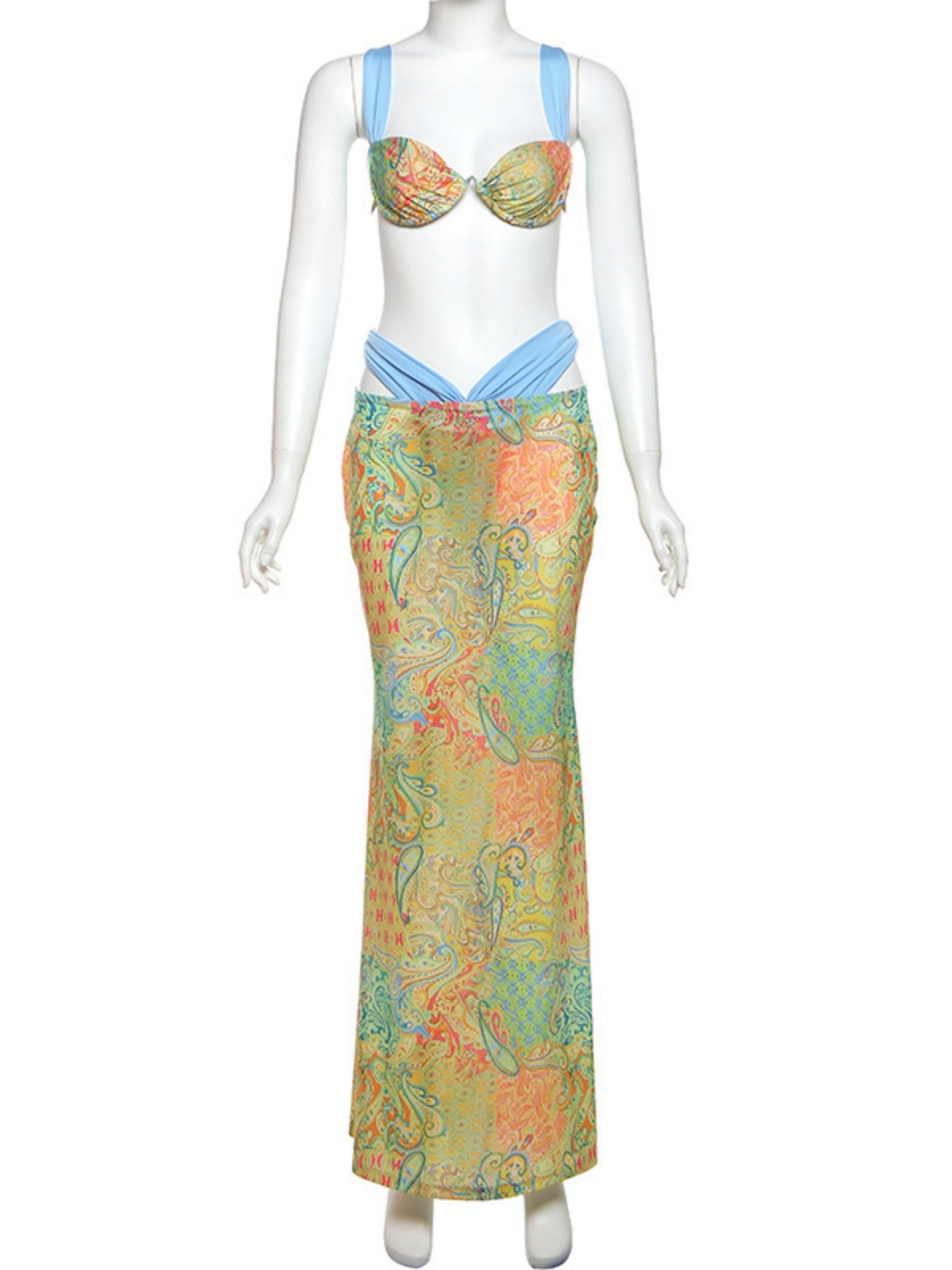 Color-blocked Print Strappy Top High-waisted Midi Skirt 3 Piece Bikinis
