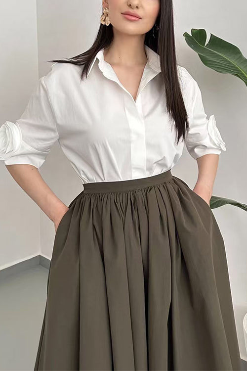 Collared Short Sleeves Button Down Flower Detail Shirt