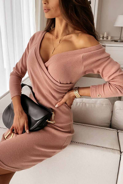 Rib Knit Wrap-Front Deep V-Neck Long Sleeve Bodycon Mini Dress