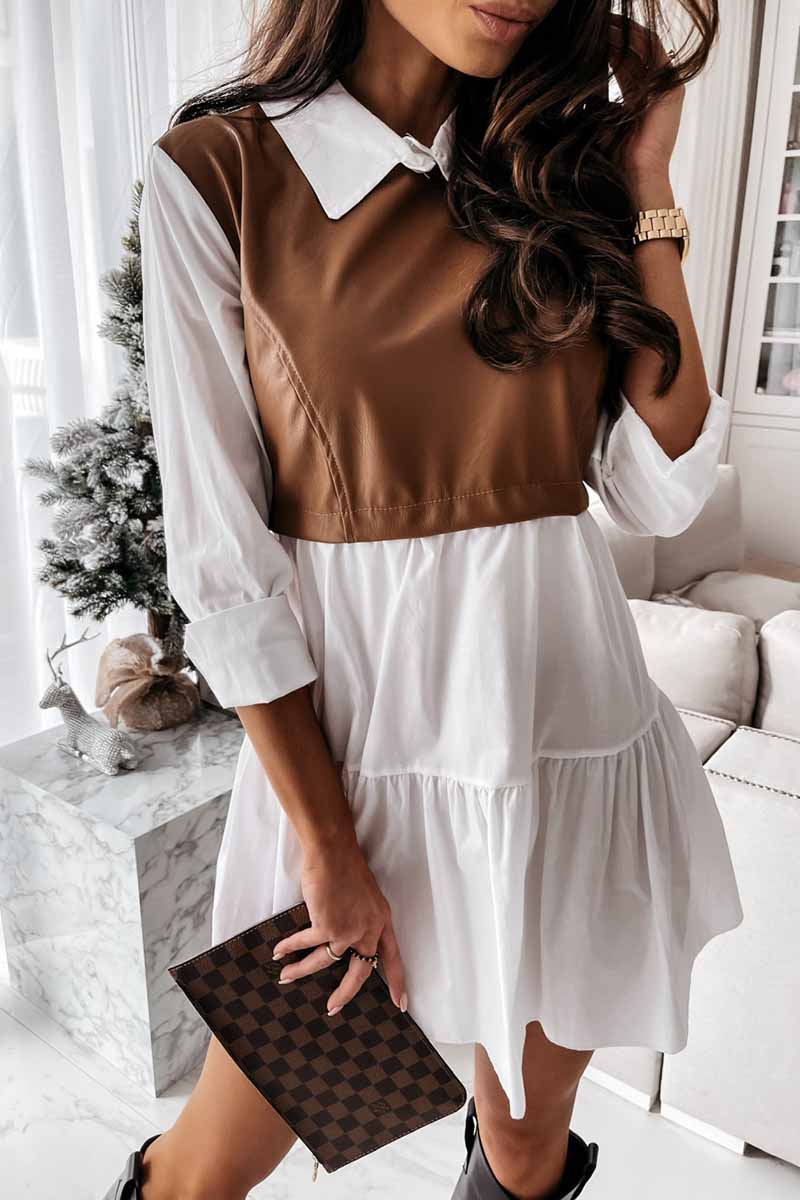 Collared Shirt Sleeve Faux Leather Panel Tiered Ruffle Mini Dress