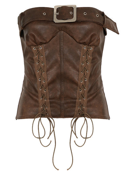 PU Leather Openwork Straps Metal Buckle Bra Strapless Vest