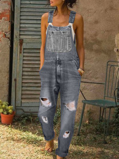 Hole Washed Pocket Denim Overalls