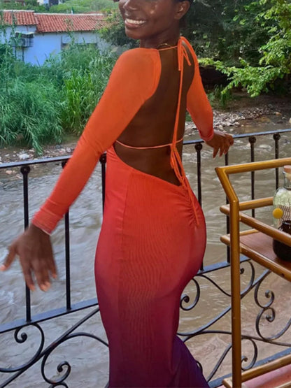 Deep V Gradient Backless Hip-hugging Sexy Stretch Maxi Dresses