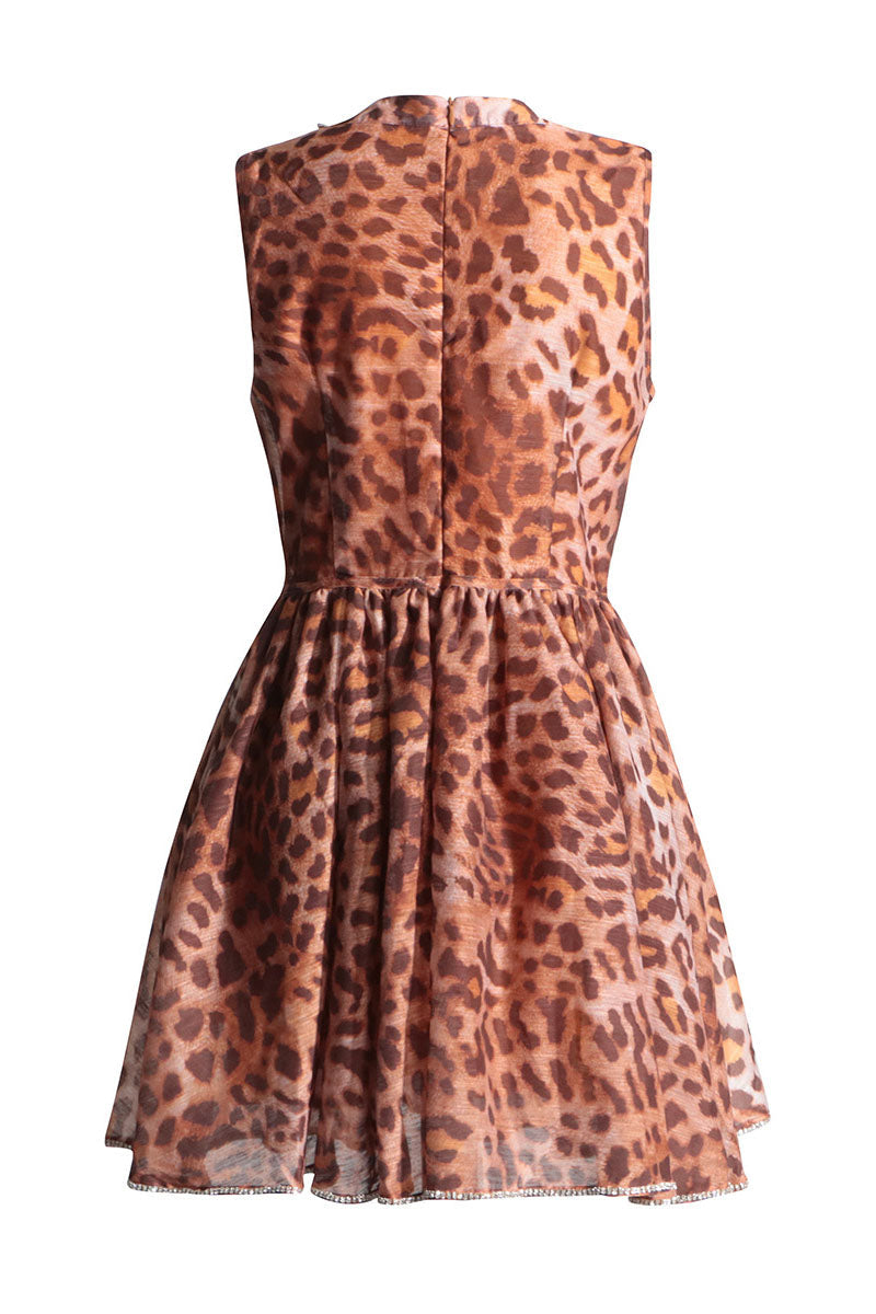 Print Corset Bodice Crystal Collar Crystal Trim Flared Mini Dress