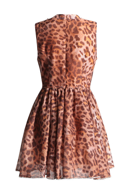 Print Corset Bodice Crystal Collar Crystal Trim Flared Mini Dress