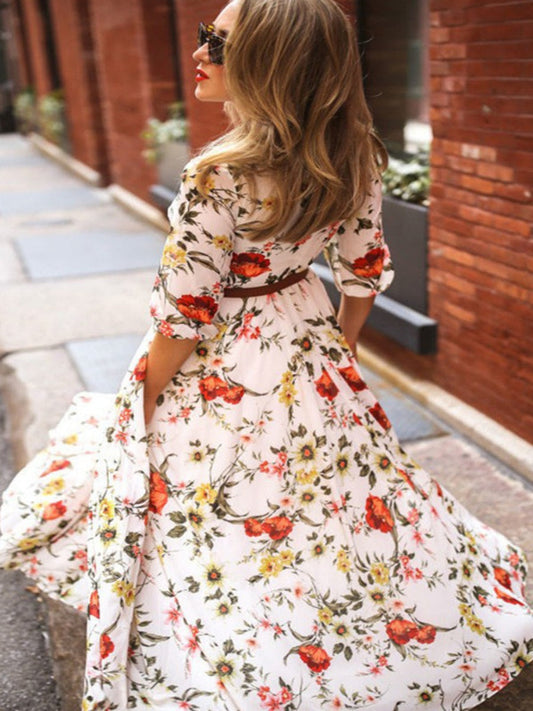Floral Print Crew Neck Half Sleeves Maxi Dresses