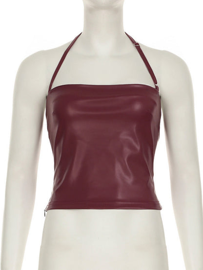 PU Leather Neckband Backless And Waist-cinching Tank Tops