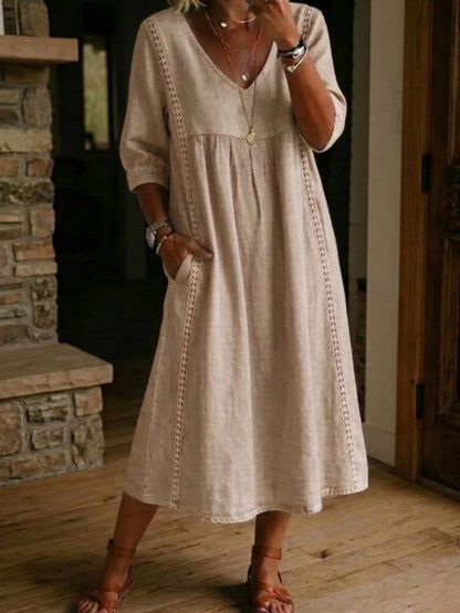 Lace Trim Linen Cotton V-neck Maxi Dresses