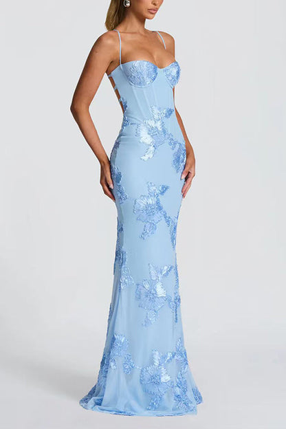 Margovil Backless Lace-up Corset Flower Embroidery Maxi Cami Dress