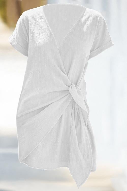 Margovil Solid Cross V Neck Tie Wrap Dress