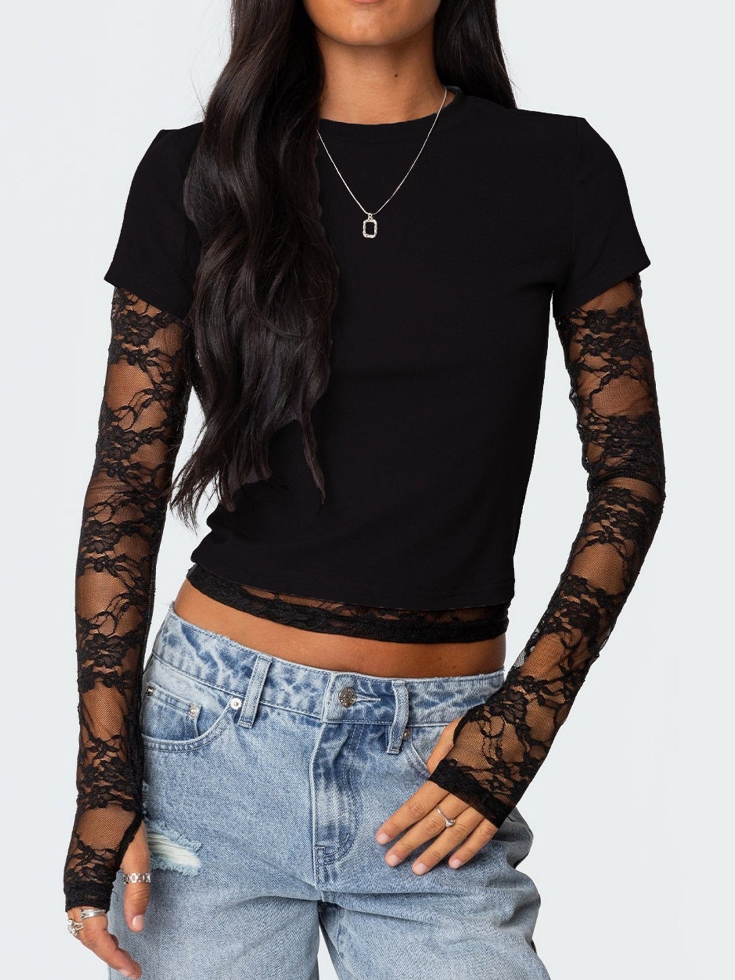 Lace Patchwork Layered-look Long-sleeved Crew Neck T-shirts