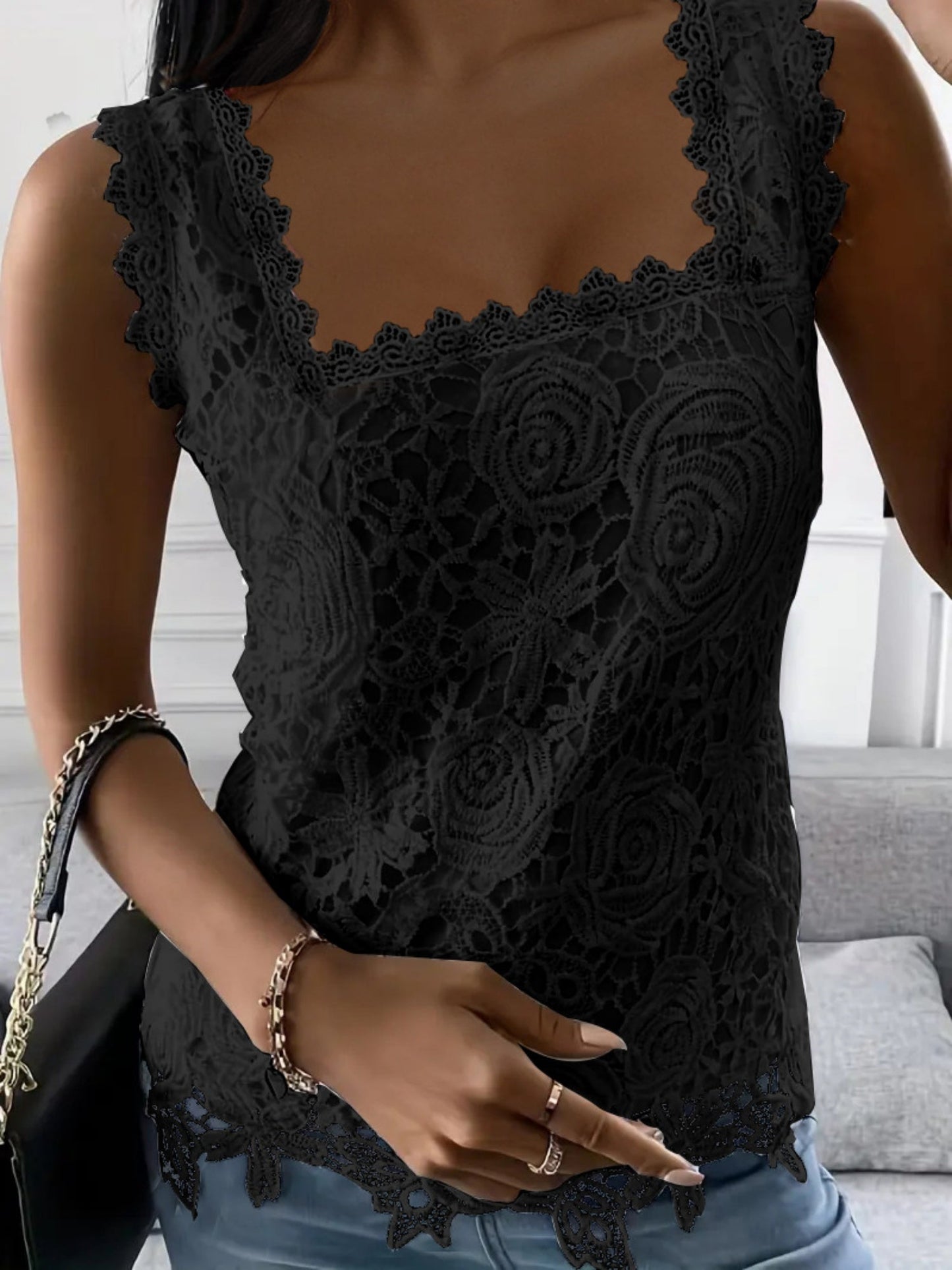 Lace Trim Square Collar Tank Tops&Camis