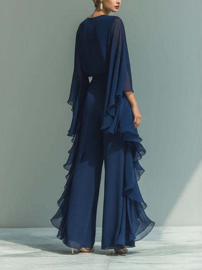 Dark Blue Ruffled Wide-leg Pants And Long-sleeved Top Two-piece Set