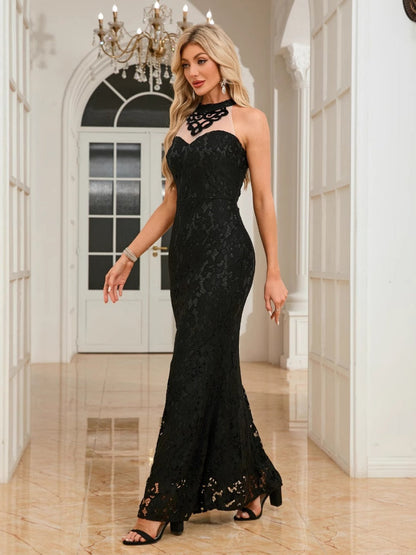 Lace Backless Cross Strap Fishtail Evening Dress Halter Maxi Dresses
