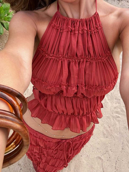 Two-piece Set Of Backless Halter Neck Adjustable Sleeveless Long Dress For Vacation At The Beach