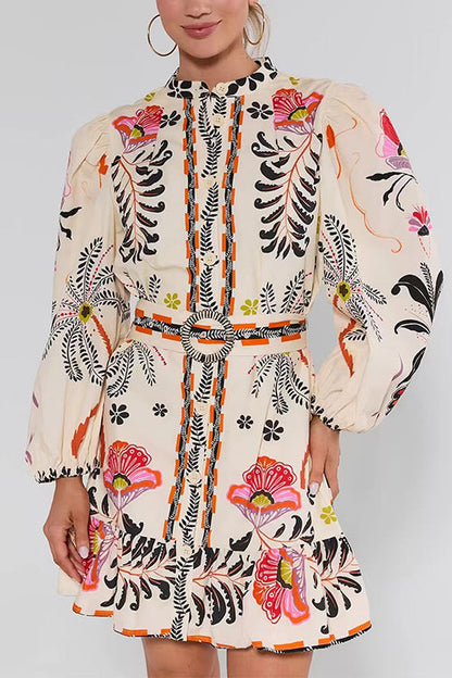 Puff Long Sleeves Button Up Floral Print Ruffle Mini Dress