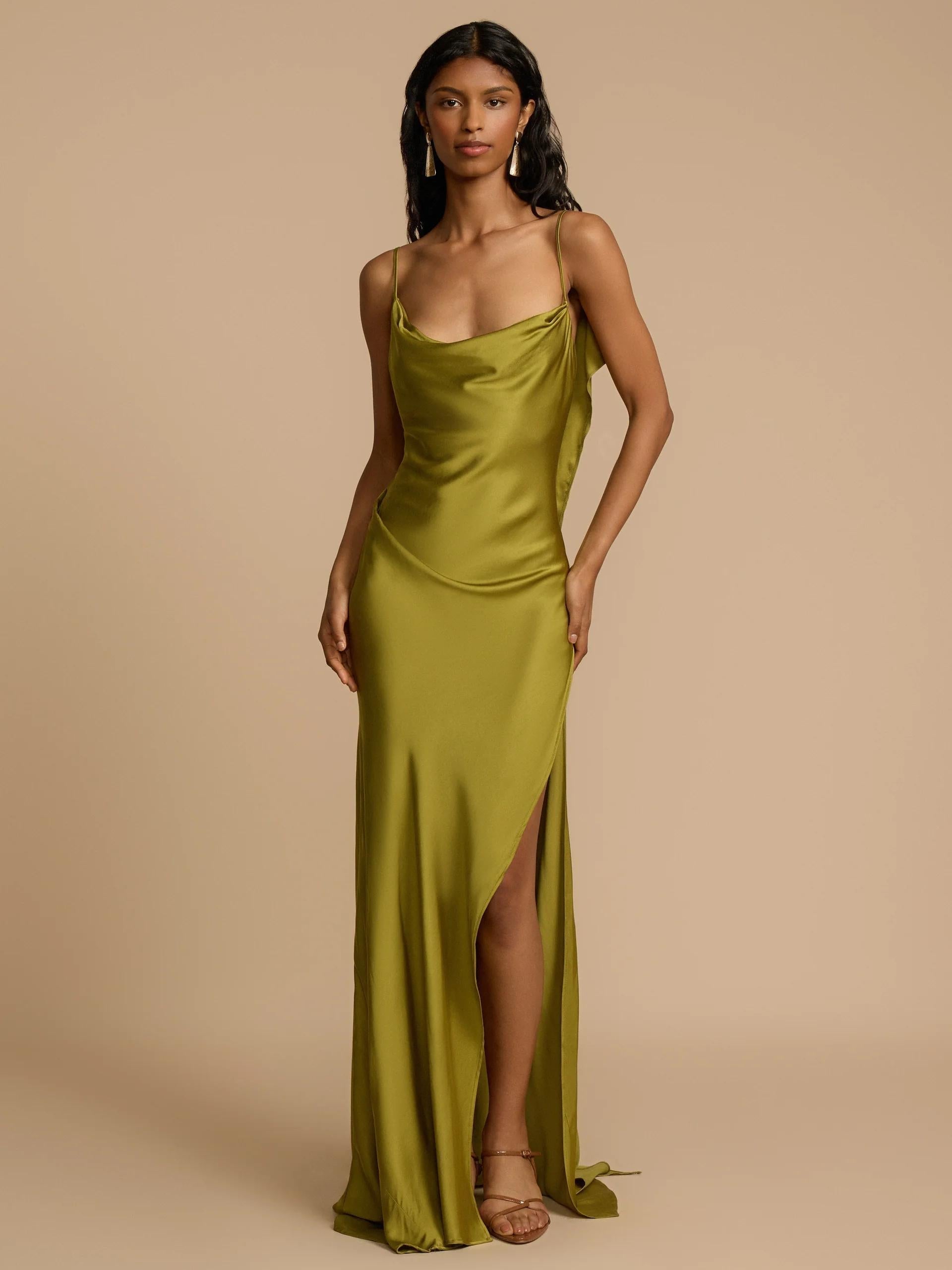Cowl Neck Spaghetti Strap Satin High Slit Maxi Dress