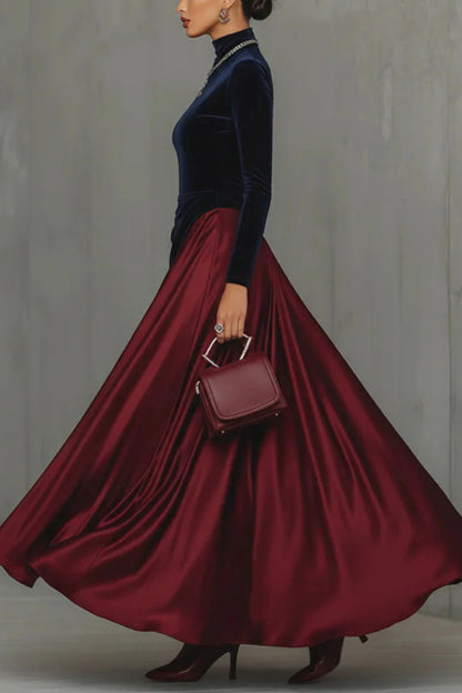 Velvet Color-blocked Casual High-neck Long-sleeved Slim-fit Maxi Dress