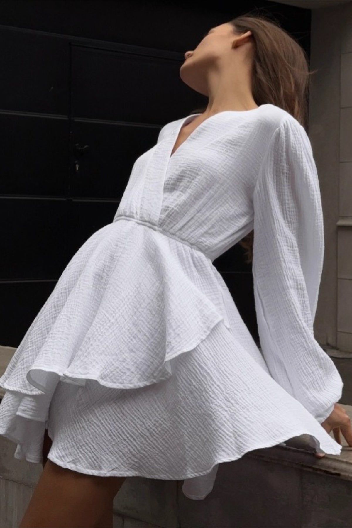 Long Sleeve Blouson Cuff Tiered Ruffle V-Neck Mini Dress