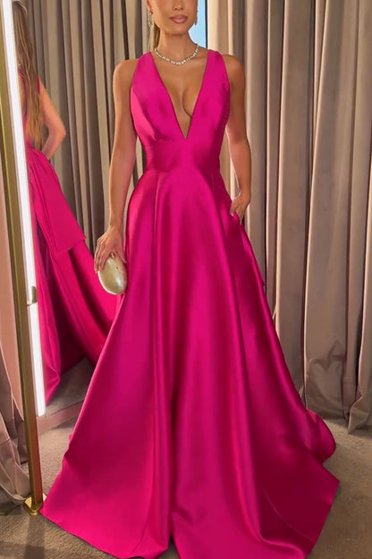 Modern Charm Satin Back Bow Detail Pocketed Porm Maxi Dress