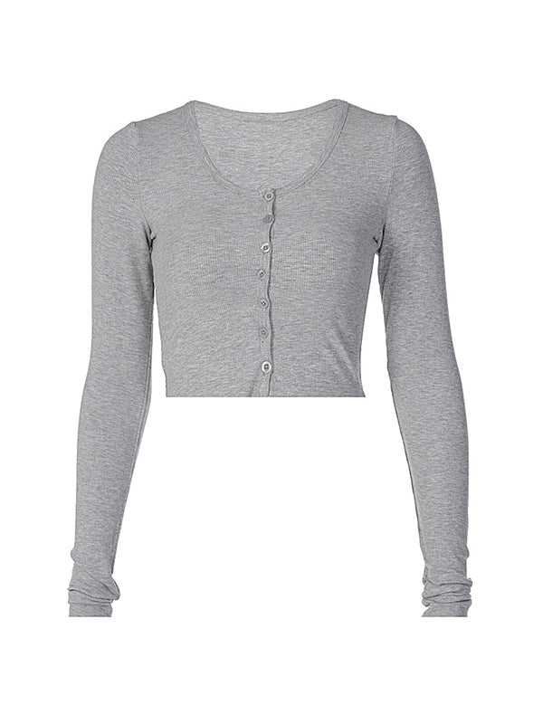 Solid Color Breasted Crop Long Sleeve Shirt
