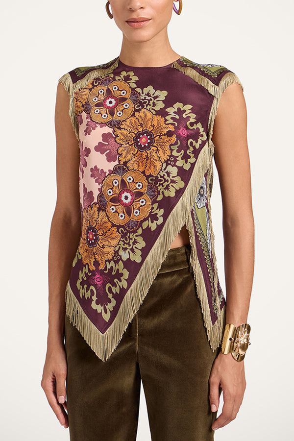 Stunning Floral Print Asymmetric Tassel Trim Scarf Top