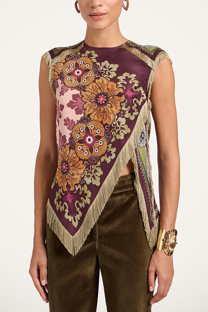 Stunning Floral Print Asymmetric Tassel Trim Scarf Top