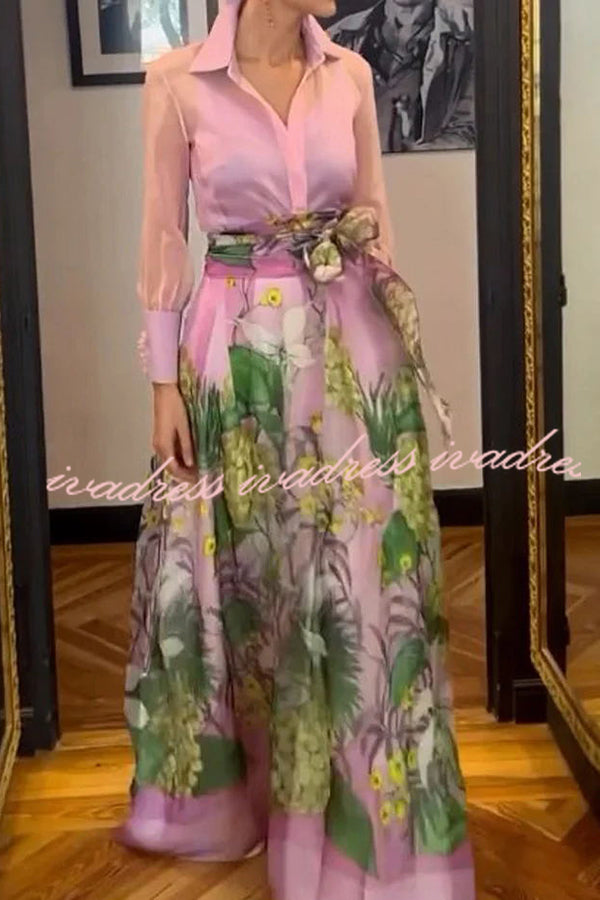 Seeds of Happiness Tulle Floral Print Elastic Waist Belt Pocketed Maxi Skirt