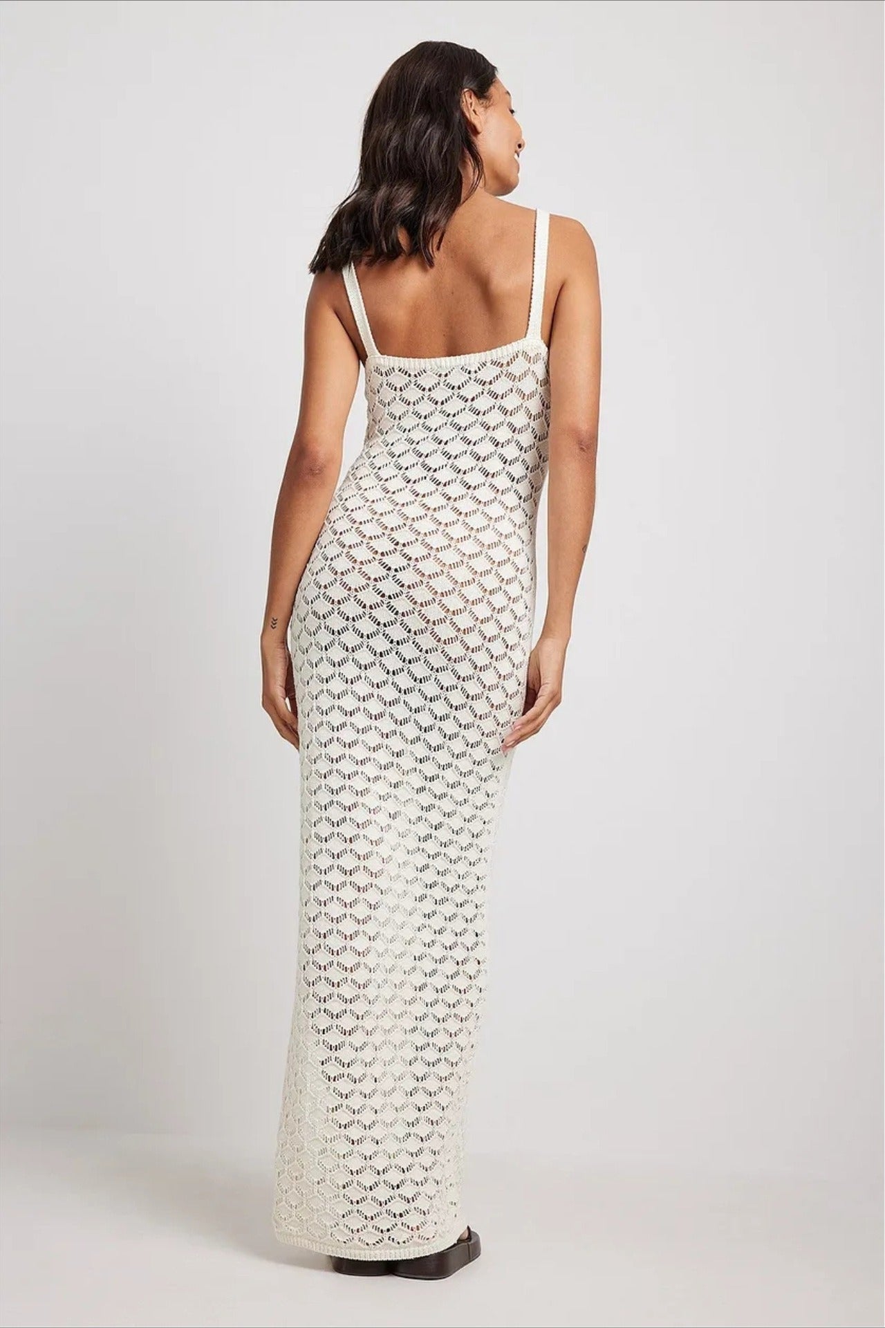 Pointelle Crochet Knit Sweetheart Spaghetti Strap Side Slit Maxi Dress
