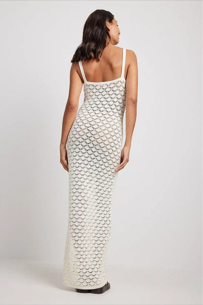 Pointelle Crochet Knit Sweetheart Spaghetti Strap Side Slit Maxi Dress
